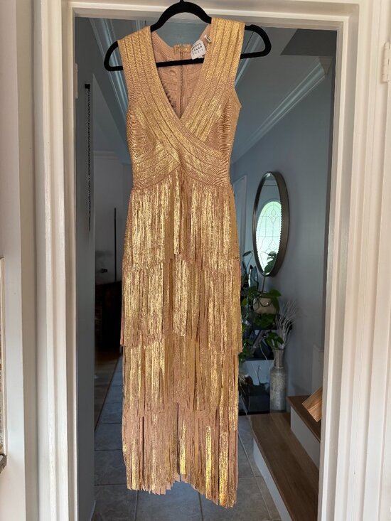 Herve Leger Dresses & Skirts - Hervé Léger Foiled Bandage Fringe Midi Dress - Gold, XXS